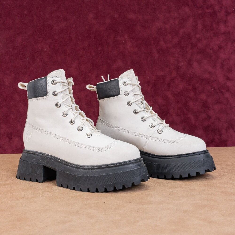 Timberland Women White Nubuck Stompers 6 Sky High Platform Boots sz 8